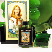 Blessing oil bottle with Saint Dymphna image and prayer card on a green background